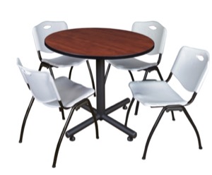 Kobe 36" Round Breakroom Table - Cherry & 4 'M' Stack Chairs - Grey