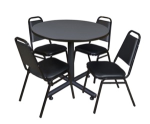 Kobe 36" Round Breakroom Table - Grey & 4 Restaurant Stack Chairs - Black