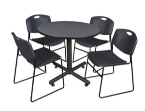 Kobe 36" Round Breakroom Table - Grey & 4 Zeng Stack Chairs - Black