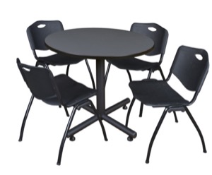 Kobe 36" Round Breakroom Table - Grey & 4 'M' Stack Chairs - Black