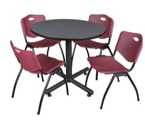 Kobe 36" Round Breakroom Table - Grey & 4 'M' Stack Chairs - Burgundy