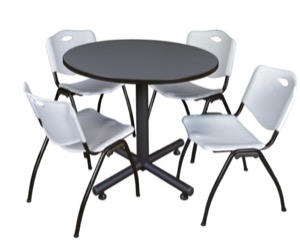 Kobe 36" Round Breakroom Table - Grey & 4 'M' Stack Chairs - Grey