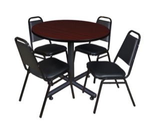 Kobe 36" Round Breakroom Table - Mahogany & 4 Restaurant Stack Chairs - Black