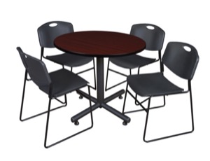 Kobe 36" Round Breakroom Table - Mahogany & 4 Zeng Stack Chairs - Black