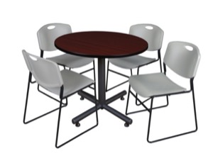 Kobe 36" Round Breakroom Table - Mahogany & 4 Zeng Stack Chairs - Grey