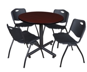 Kobe 36" Round Breakroom Table - Mahogany & 4 'M' Stack Chairs - Black
