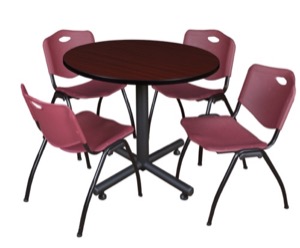 Kobe 36" Round Breakroom Table - Mahogany & 4 'M' Stack Chairs - Burgundy