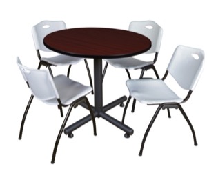 Kobe 36" Round Breakroom Table - Mahogany & 4 'M' Stack Chairs - Grey