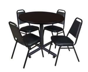 Kobe 36" Round Breakroom Table - Mocha Walnut  & 4 Restaurant Stack Chairs - Black