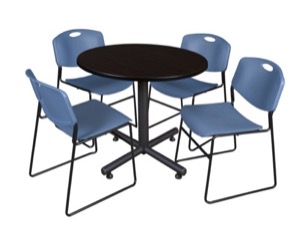 Kobe 36" Round Breakroom Table - Mocha Walnut  & 4 Zeng Stack Chairs - Blue