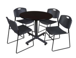 Kobe 36" Round Breakroom Table - Mocha Walnut  & 4 Zeng Stack Chairs - Black