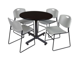 Kobe 36" Round Breakroom Table - Mocha Walnut  & 4 Zeng Stack Chairs - Grey