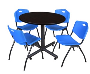 Kobe 36" Round Breakroom Table - Mocha Walnut  & 4 'M' Stack Chairs - Blue