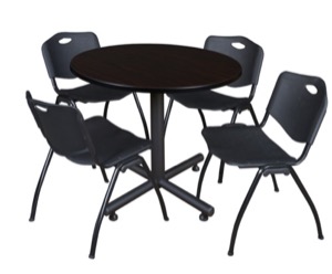 Kobe 36" Round Breakroom Table - Mocha Walnut  & 4 'M' Stack Chairs - Black