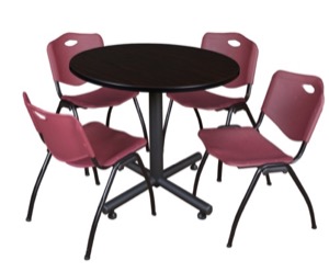 Kobe 36" Round Breakroom Table - Mocha Walnut  & 4 'M' Stack Chairs - Burgundy