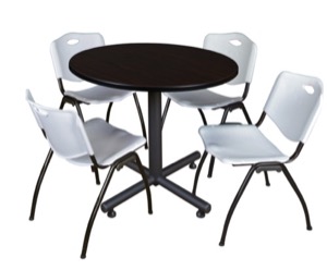 Kobe 36" Round Breakroom Table - Mocha Walnut  & 4 'M' Stack Chairs - Grey