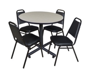 Kobe 36" Round Breakroom Table - Maple & 4 Restaurant Stack Chairs - Black
