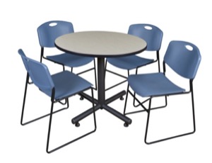 Kobe 36" Round Breakroom Table - Maple & 4 Zeng Stack Chairs - Blue