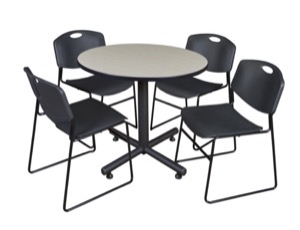 Kobe 36" Round Breakroom Table - Maple & 4 Zeng Stack Chairs - Black