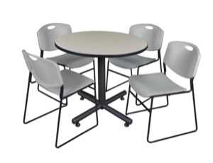 Kobe 36" Round Breakroom Table - Maple & 4 Zeng Stack Chairs - Grey