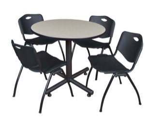 Kobe 36" Round Breakroom Table - Maple & 4 'M' Stack Chairs - Black