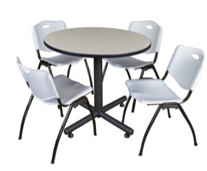 Kobe 36" Round Breakroom Table - Maple & 4 'M' Stack Chairs - Grey
