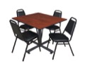Kobe 48" Square Breakroom Table - Cherry & 4 Restaurant Stack Chairs - Black