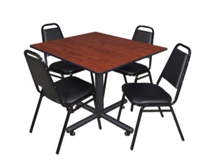 Kobe 48" Square Breakroom Table - Cherry & 4 Restaurant Stack Chairs - Black