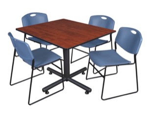 Kobe 48" Square Breakroom Table - Cherry & 4 Zeng Stack Chairs - Blue