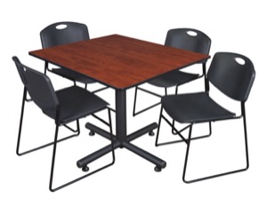 Kobe 48" Square Breakroom Table - Cherry & 4 Zeng Stack Chairs - Black