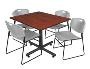 Kobe 48" Square Breakroom Table - Cherry & 4 Zeng Stack Chairs - Grey