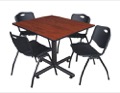 Kobe 48" Square Breakroom Table - Cherry & 4 'M' Stack Chairs - Black