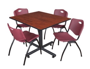Kobe 48" Square Breakroom Table - Cherry & 4 'M' Stack Chairs - Burgundy