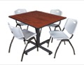 Kobe 48" Square Breakroom Table - Cherry & 4 'M' Stack Chairs - Grey