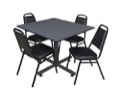 Kobe 48" Square Breakroom Table - Grey & 4 Restaurant Stack Chairs - Black
