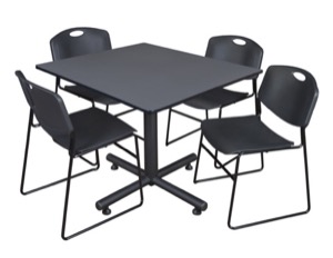 Kobe 48" Square Breakroom Table - Grey & 4 Zeng Stack Chairs - Black