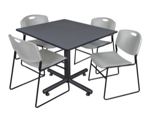 Kobe 48" Square Breakroom Table - Grey & 4 Zeng Stack Chairs - Grey