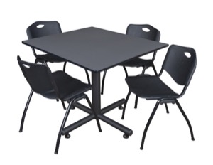 Kobe 48" Square Breakroom Table - Grey & 4 'M' Stack Chairs - Black