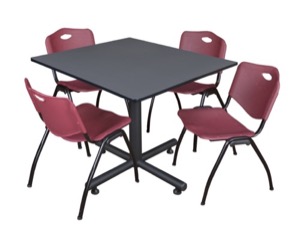 Kobe 48" Square Breakroom Table - Grey & 4 'M' Stack Chairs - Burgundy