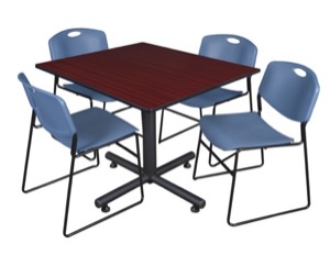 Kobe 48" Square Breakroom Table - Mahogany & 4 Zeng Stack Chairs - Blue