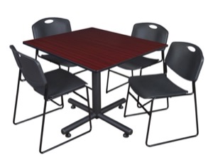 Kobe 48" Square Breakroom Table - Mahogany & 4 Zeng Stack Chairs - Black