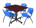 Kobe 48" Square Breakroom Table - Mahogany & 4 'M' Stack Chairs - Blue