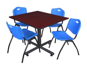 Kobe 48" Square Breakroom Table - Mahogany & 4 'M' Stack Chairs - Blue