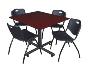 Kobe 48" Square Breakroom Table - Mahogany & 4 'M' Stack Chairs - Black