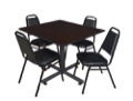 Kobe 48" Square Breakroom Table - Mocha Walnut  & 4 Restaurant Stack Chairs - Black