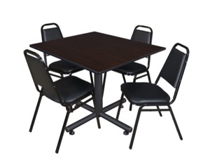 Kobe 48" Square Breakroom Table - Mocha Walnut  & 4 Restaurant Stack Chairs - Black