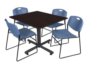 Kobe 48" Square Breakroom Table - Mocha Walnut  & 4 Zeng Stack Chairs - Blue