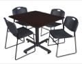 Kobe 48" Square Breakroom Table - Mocha Walnut  & 4 Zeng Stack Chairs - Black