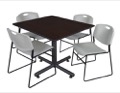 Kobe 48" Square Breakroom Table - Mocha Walnut  & 4 Zeng Stack Chairs - Grey