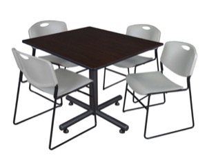 Kobe 48" Square Breakroom Table - Mocha Walnut  & 4 Zeng Stack Chairs - Grey
